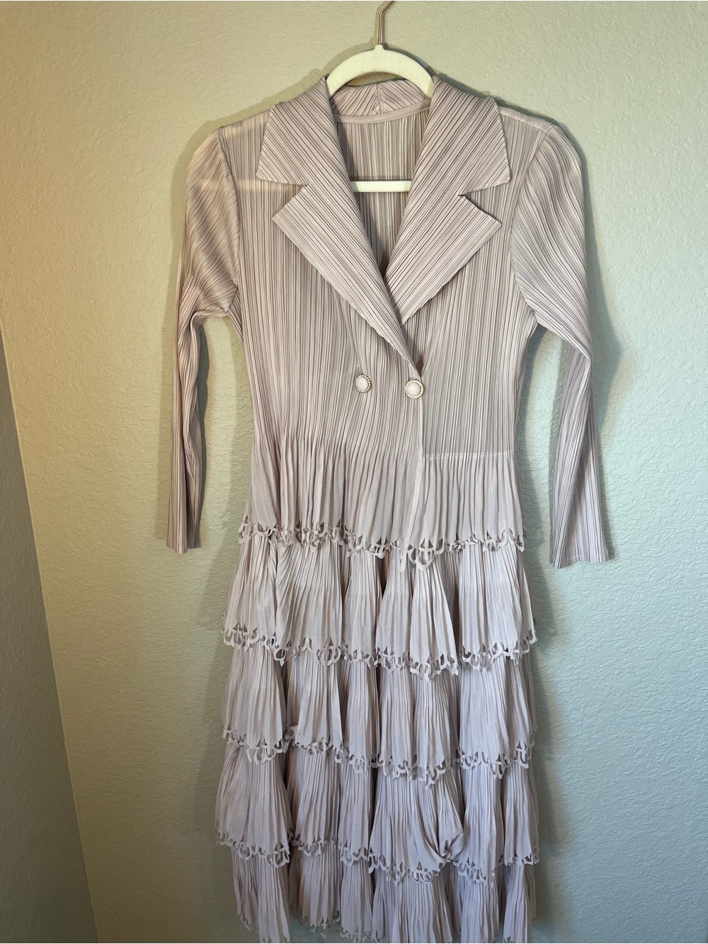 Designer Style Pleated Blazer Dress Dusty Blush Tiered Sheer Midi Statement- S